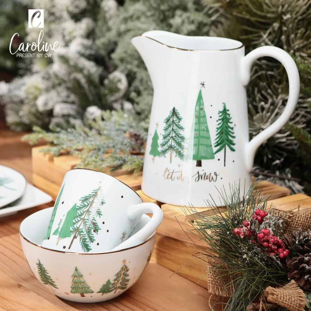 Customized Christmas Gold Decal Ceramic Tableware Sets Dinner Plate