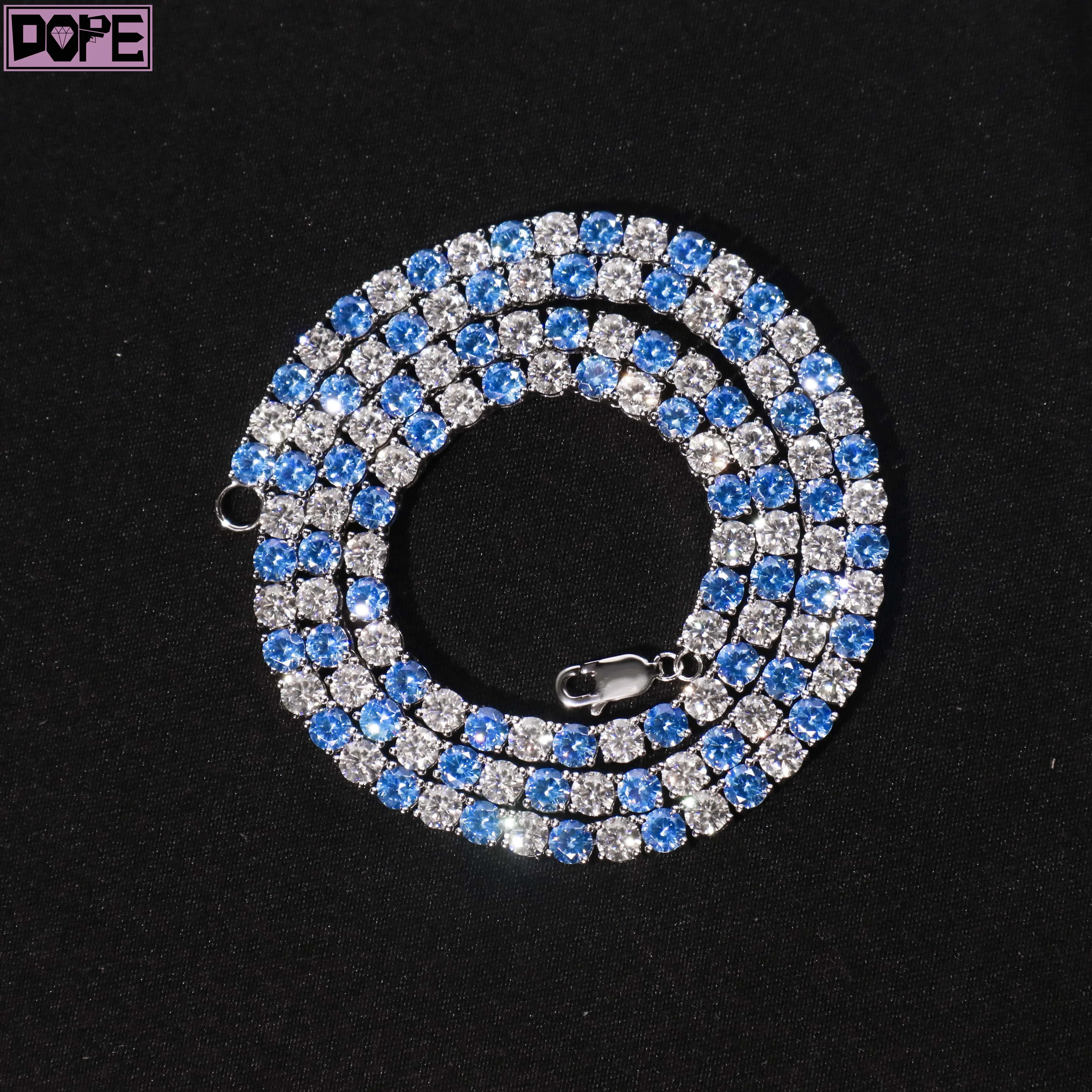 Iced Out 4mm Hiphop Tennis Chain Blue Moissanite 925 Sterling Silver Bling Bling Moissanite Tennis Chain