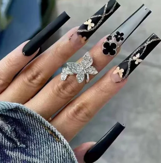 new trendy cheap butterfly designed false nails almond acrylic diy vegan non-toxic gel polish press on nails 24pcs set