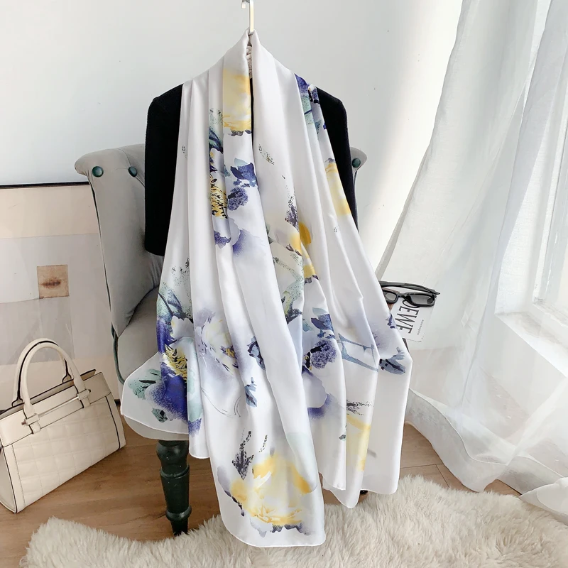 High Quality 90*180 cm Satin Silk Long Scarf for Women Luxury Printed Custom Long Hijab Shawls