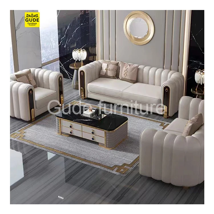 Luxury Living Room Furniture White Leather Upholstered Chesterfield Sofa Set Solid Wood Sofa Set GUDE Sofaset Living Room Modern