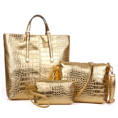 2021 fashion women golden evening clutch 3in1 set women hand bags  golden crocodile print shiny bag