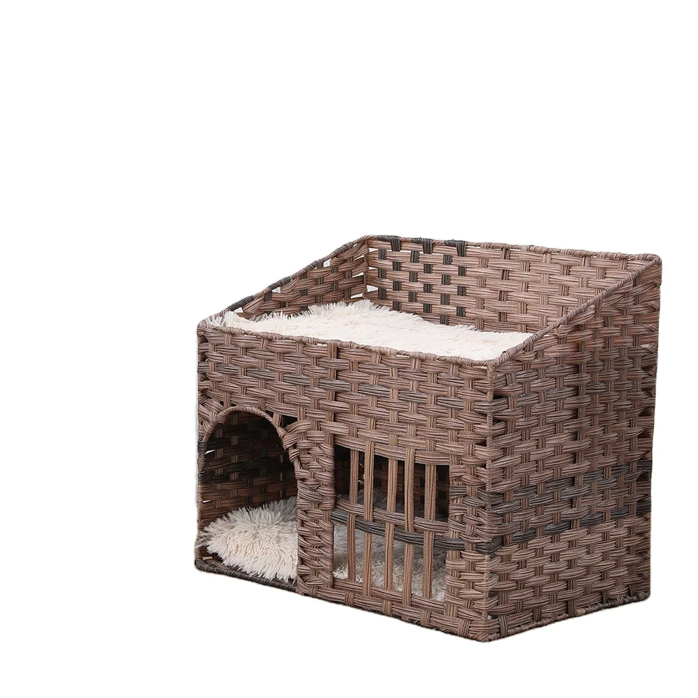 Factory Best Price Hoopet Nice Looking Braided Rattan Indoor Cat Bed Cave House With 2 Mats