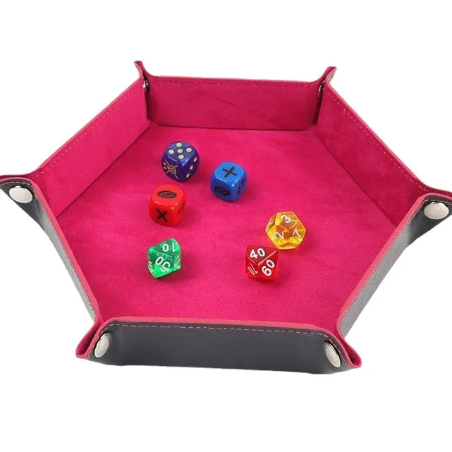 Hexagonal Velvet Cloth Dice Tray Collapsible PU Leather Storage Box with Desktop Tray for Game and Board Storage