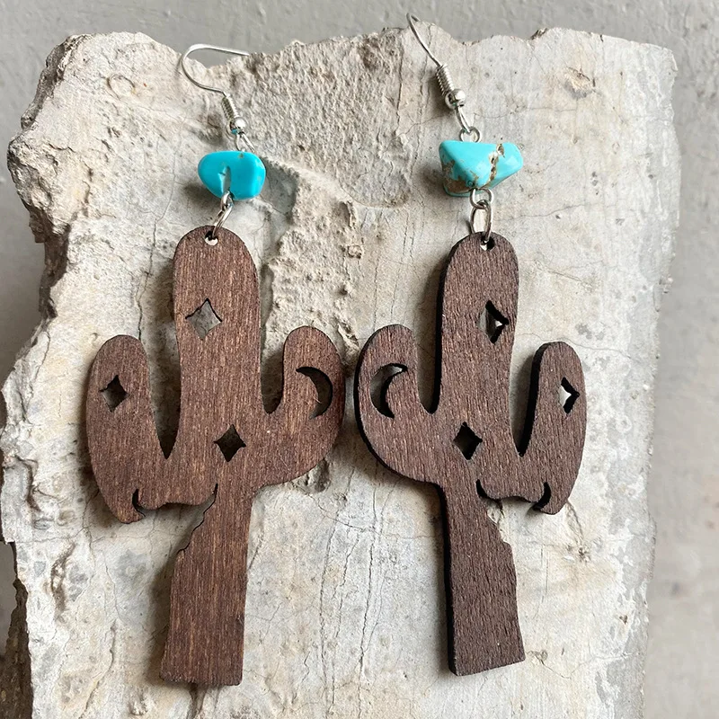 Western Cowboy turquoise Wooden Cactus Earrings Hollow Cow Horse Star Retro European American Style Earrings Jewelry Wholesale