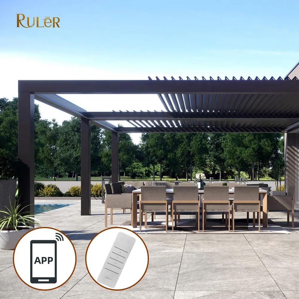Outdoor Motorized Bioclimatic Garden Gazebo Retractable Louvered Roof Pergola