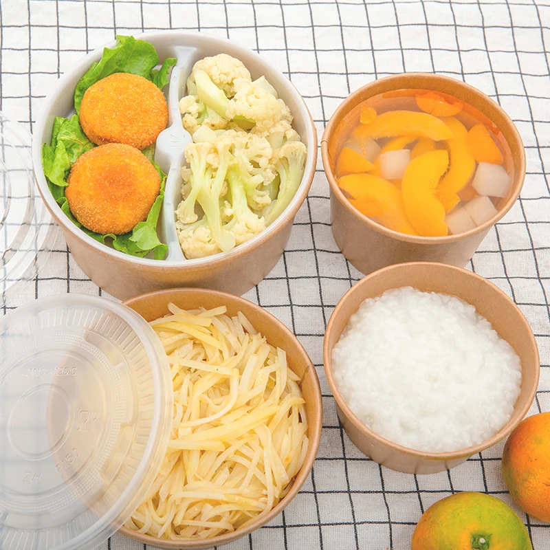 Disposable food grade  waterproof kraft paper bowl with inner plate with clear Lid