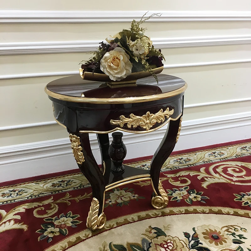 MO LAN Small round European coffee table Solid wood corner of the living room Luxury Wine red paint penang gold leaf edge a few