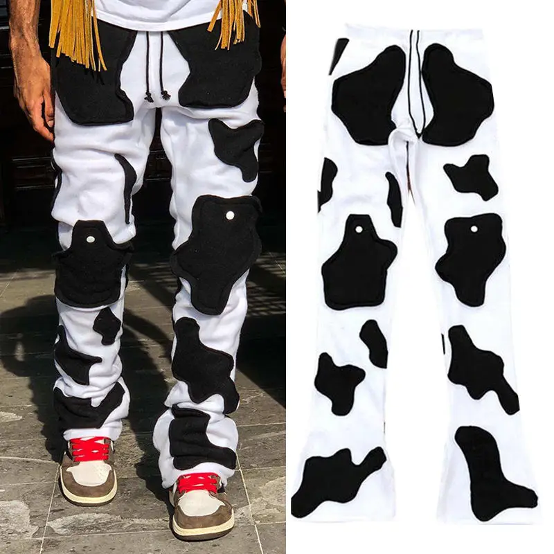 Custom Stacked Sweatpants Cow Print Cotton Embroidery Patch Winter Jogger Stacked Sweat Pants Men