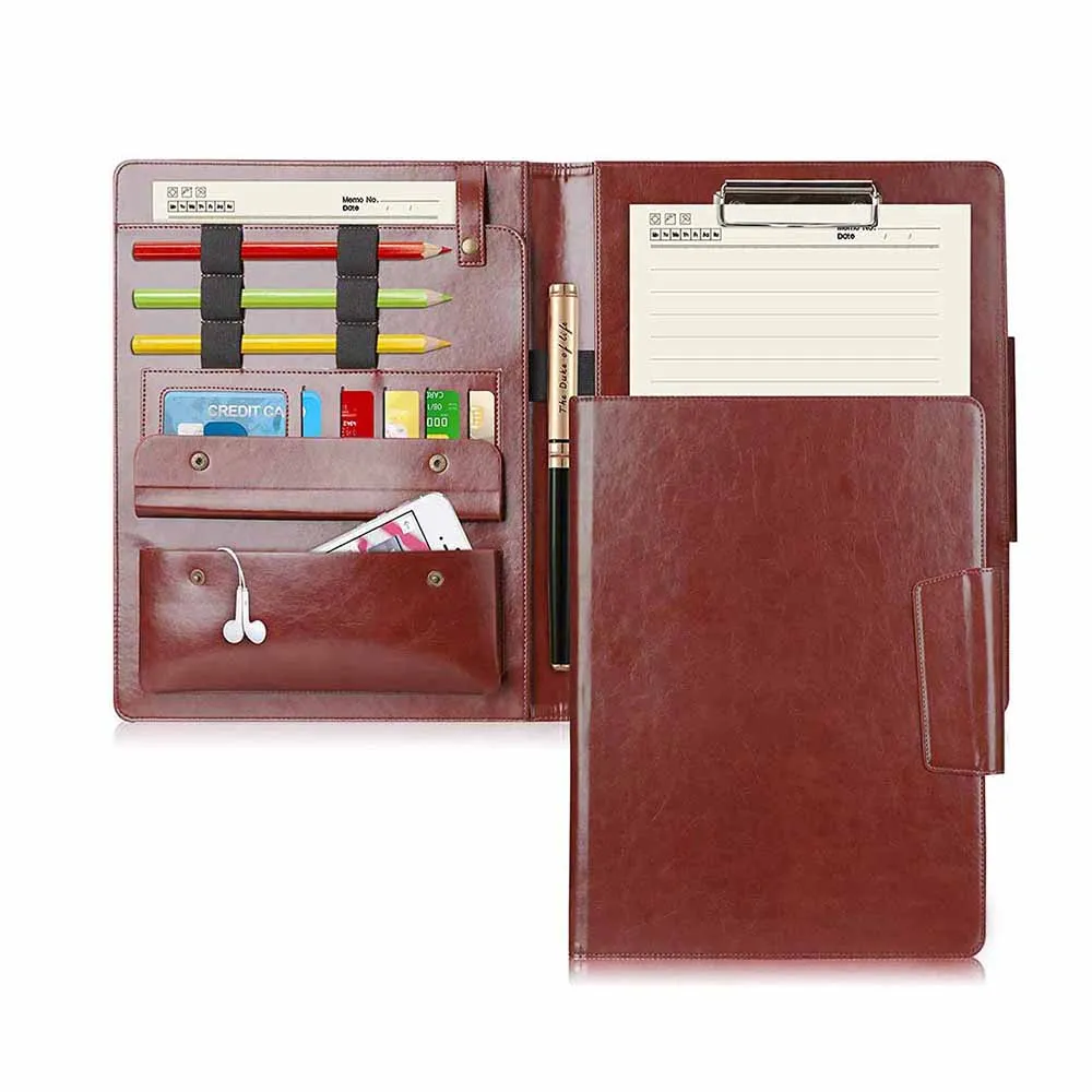 A4 leather document file folder organizer resume portfolio folder with clip & phone pocket