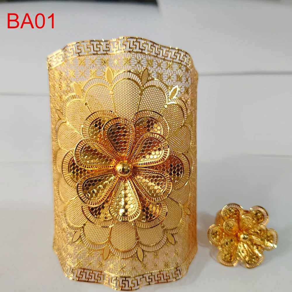 Dubai Bangles For Women Middle East Gold Color Bangles and ring Saudi Arabia Wide  Bracelets Wedding Jewelry African Gifts