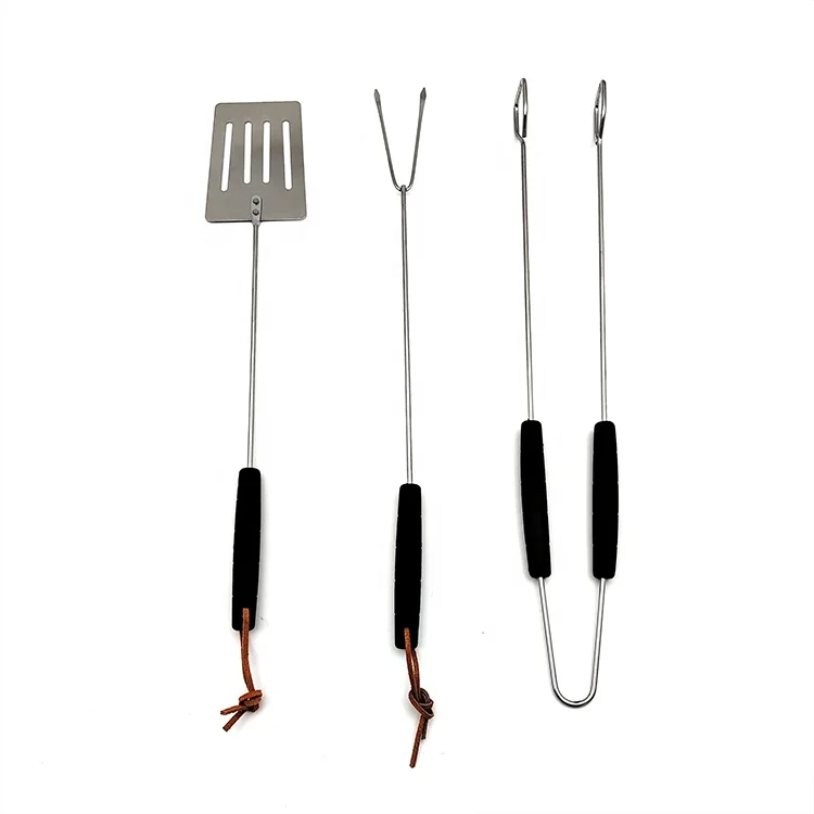 3Pcs BBQ Grill Tool Set Includes Spatula,Fork and Tong with Black Long Wooden Handle, for Picnic Camping Travel Cooking Grilling