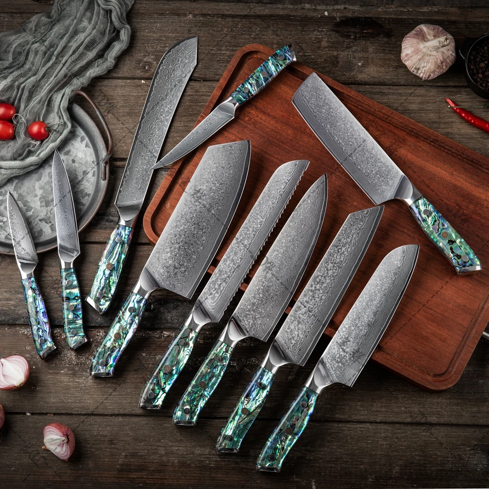 8 inch Bread Knife Damascus Kitchen Knife 67 Layers Damascus Steel with Abalone Shell Handle