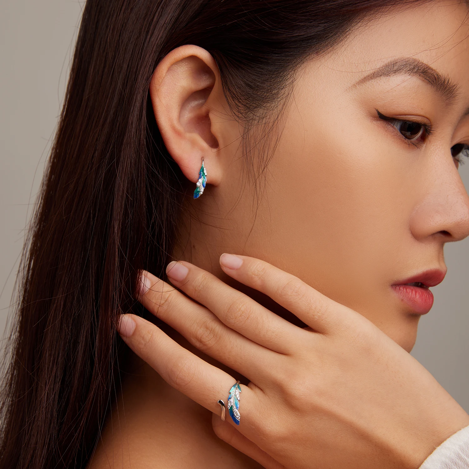 SHIERO White Gold Plated New Designer Enamel Feather Open Ring and Feather Drop Earrings Jewelry Sets 925 Sterling Silver