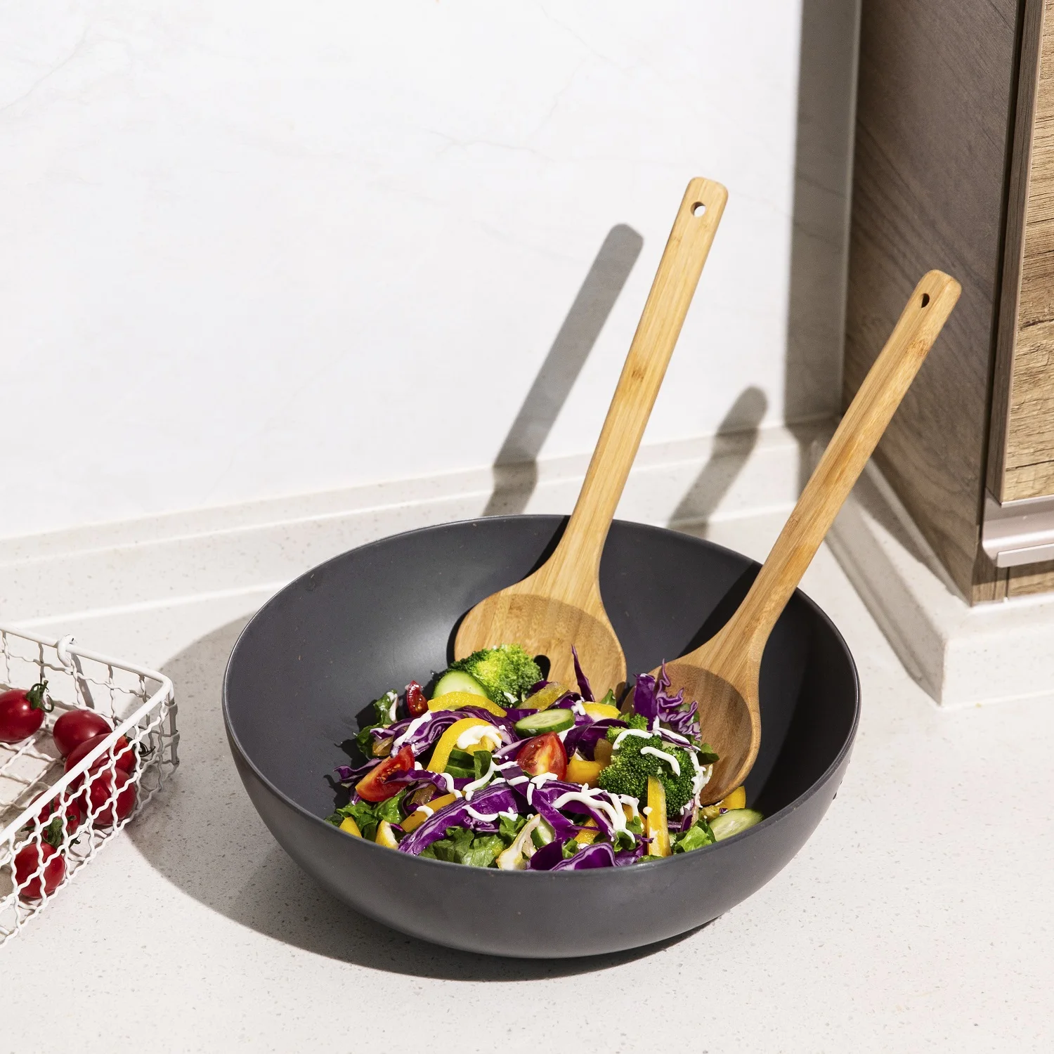 Wholesale salad bowl bamboo with spoon fork set, food safe mixing melamine salad bowl with lid