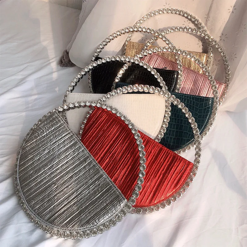 New fashion crocodile pattern round clutch bag evening bags ladies luxury design wedding half moon rhinestone bag for women