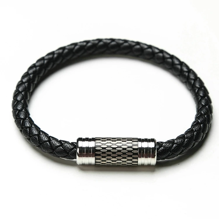 Wholesale Stainless Steel Bracelet Black And Gold Plated Magnetic Black Genuine Leather Bracelet For Men