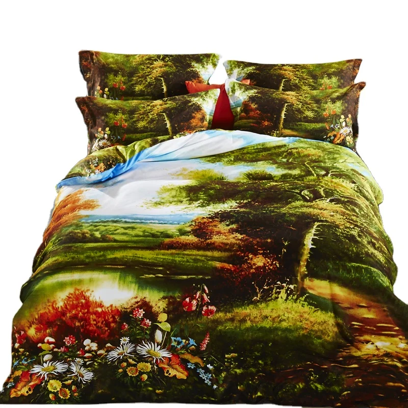 60S long-staple cotton digital printing four-piece 3D three-dimensional oil painting landscape