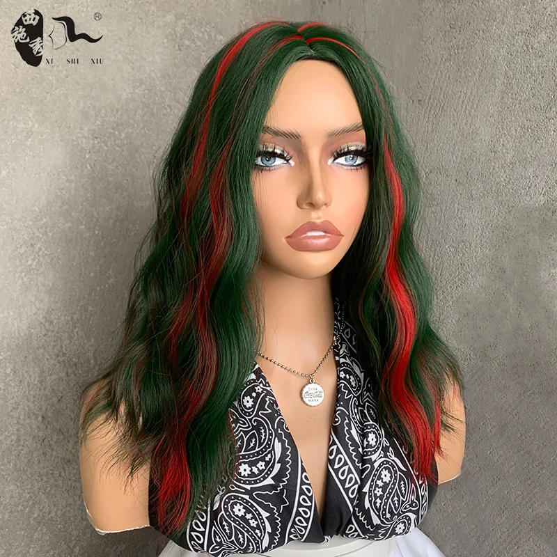 Short Natural Wavy Green Red Bob Wigs For Women Shoulder Length Cruella deville Synthetic Hair Halloween Costume Cosplay Wig