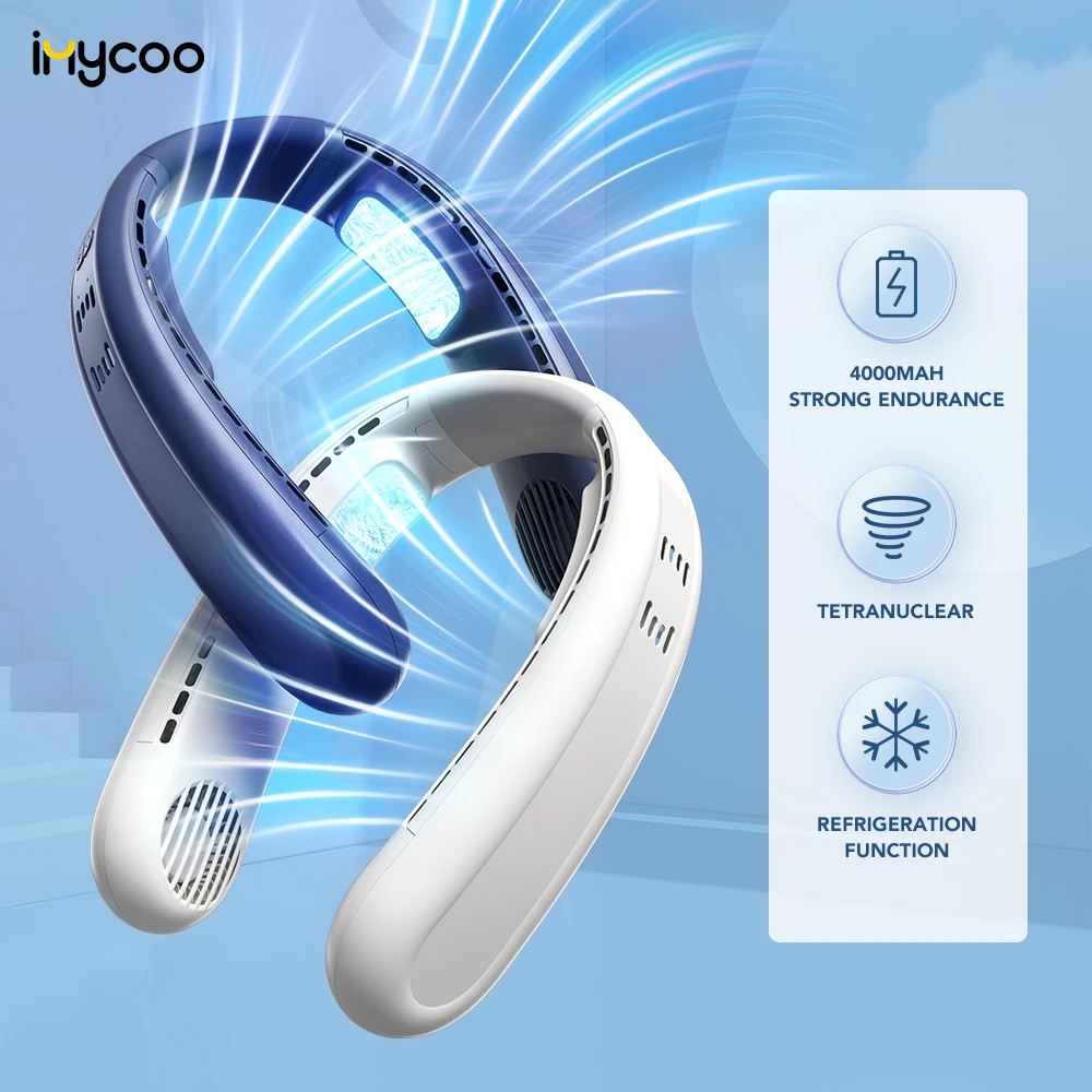 IMYCOO New Arrivals 4000mAh Portable Semiconductor Neck Fan Rechargeable Hand Free Bladeless Cooling Hanging Neck Fan