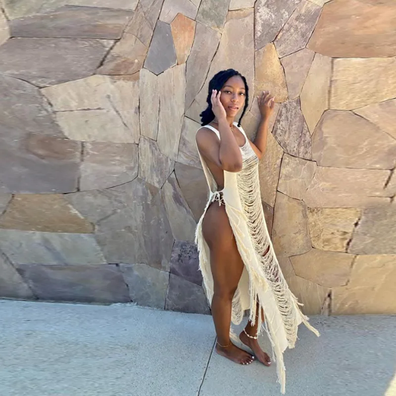 2022 Hot Sale Women Beachwear Bikini Cover Up Tassel Sexy Long Beach Dress Summer Beach Dress