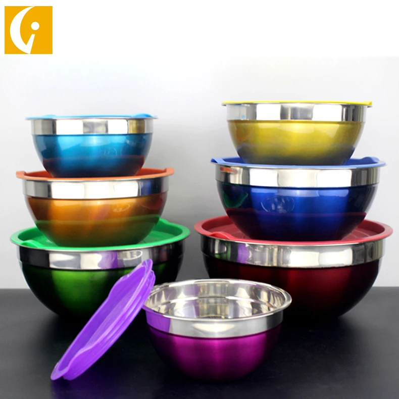 7-Piece Colorful Mixing Bowl Set Round 201 Stainless Steel Serving Salad Bowl with Plastic Lids