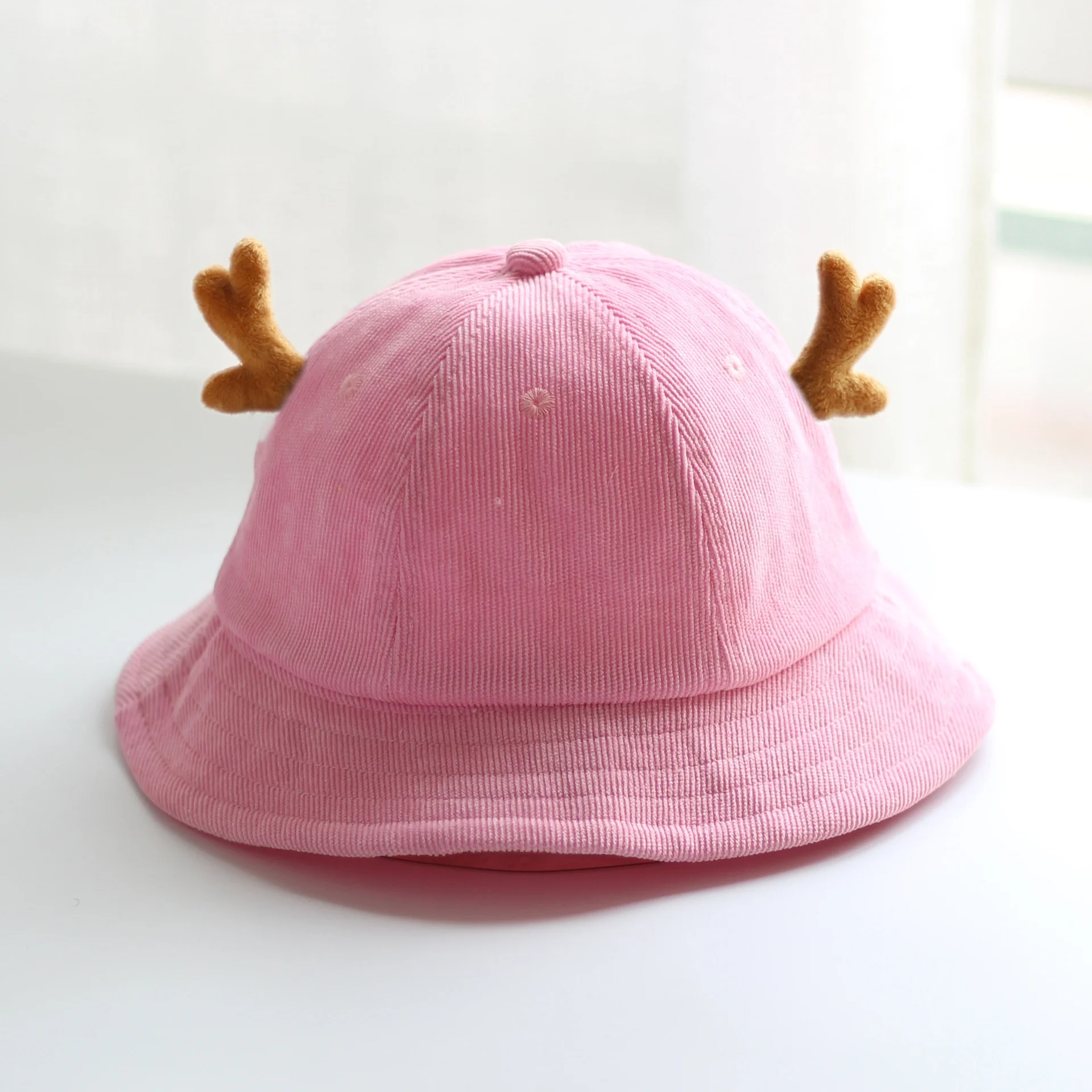 Cute Fashion Children Kids Yellow Corduroy Bucket Hat With Horns Dome