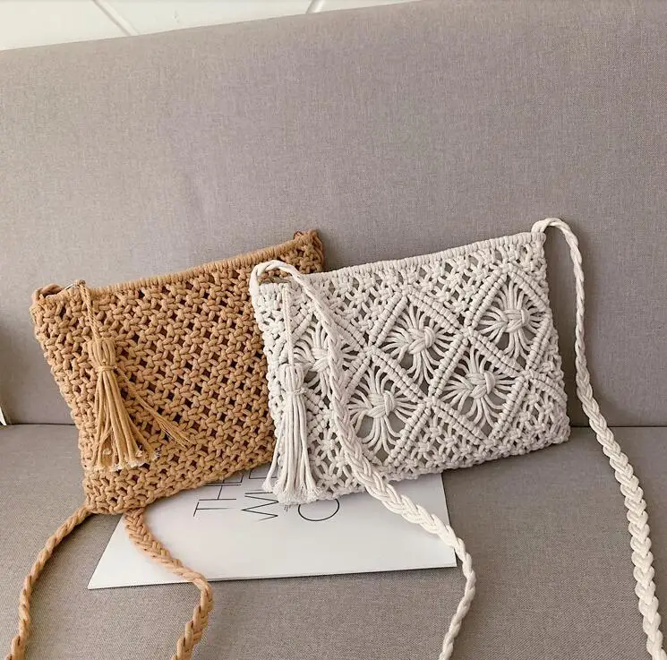Handmade Cotton Rope Straw Women Hand Bags Vintage CHandmade Cotton Rope Straw Women Hand Bags Vintage Crochet Macrame Beach Bag