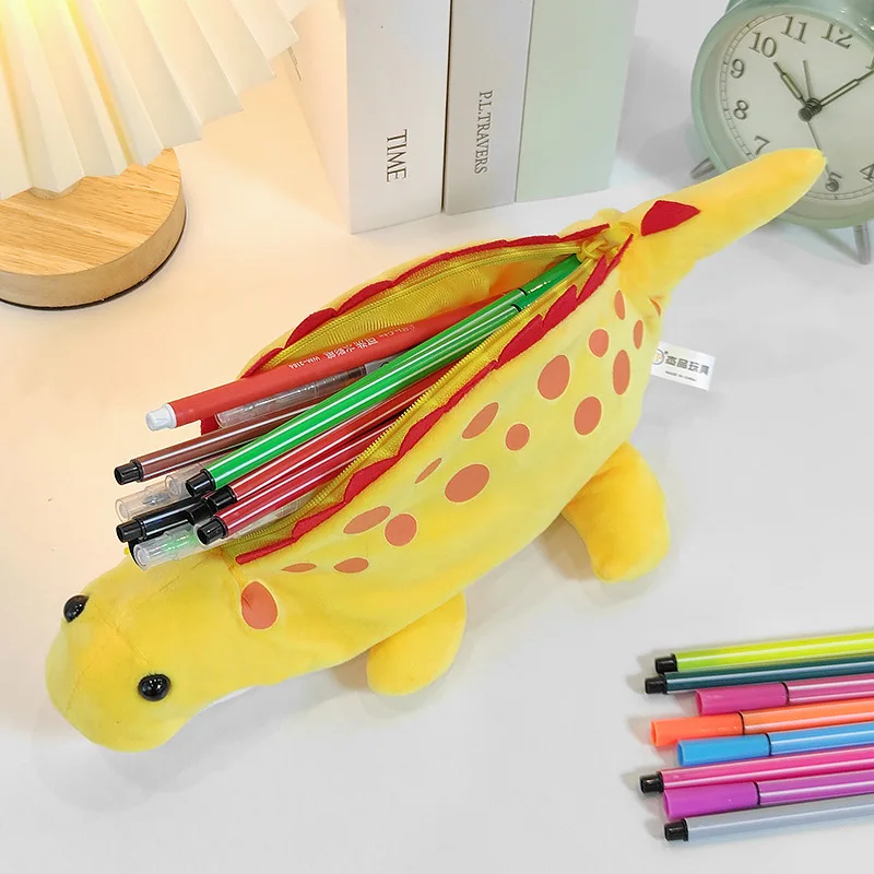 Creative Dinosaur Shaped Plush Pencil Case School Students Durable Cartoon Stationery Cases Larger Capacity Pencil Bag