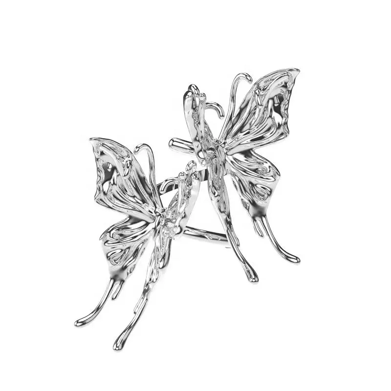 
2021 summer designer new design avant-garde pioneer ring unique personality liquid metal double butterfly open ring 