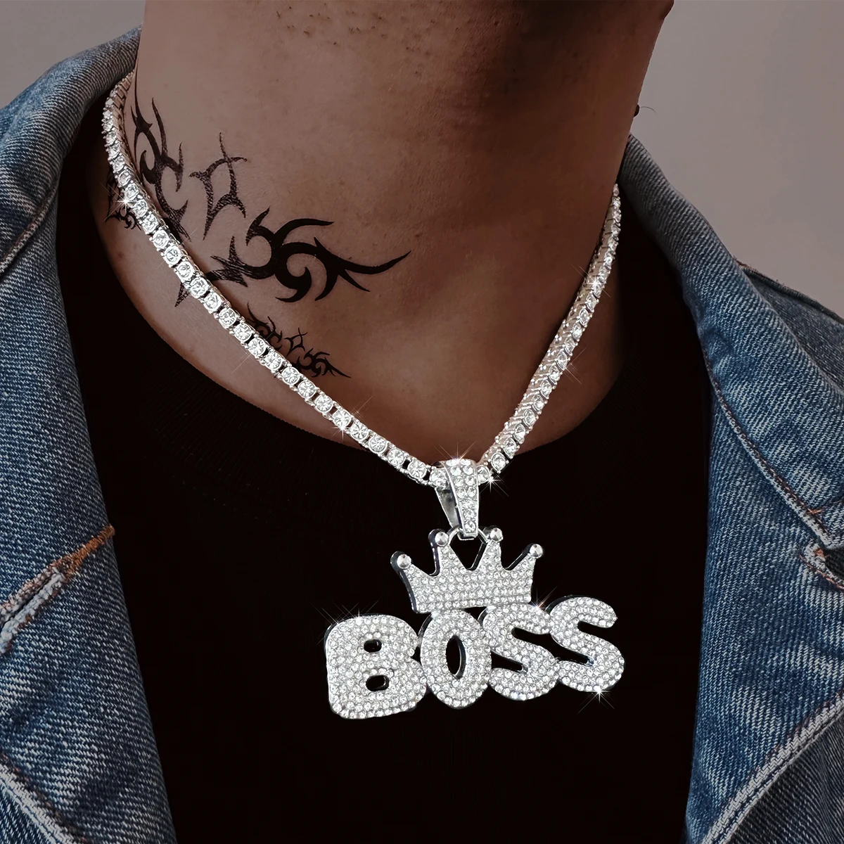 Iced Out Bling Men Hip Hop Jewelry Micro Paved 5A Rhinestone Crown Letter Boss Cool Sparking Rock Punk Pendant