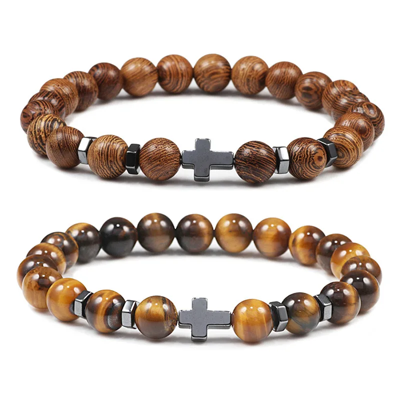 Turquoise Tiger Eye Lava Stone Bracelet Stretch Beaded 8mm Healing Hematite Natural Volcano Stone Cross Bead Bracelet for men