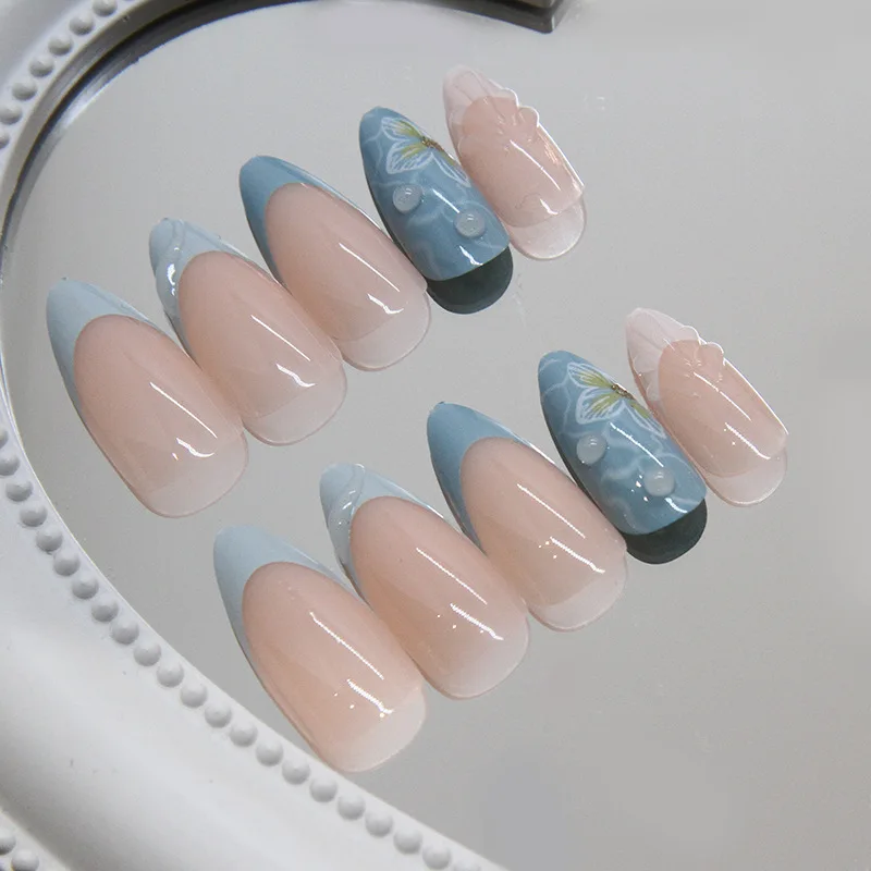 Wholesale French Summer New Artificial False Nails 3d Painting Simple Short Almond Shaped Press On Nails