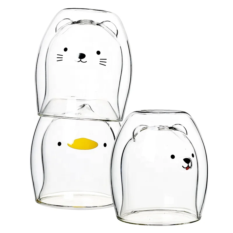 Varieties of Cute bear duck cat double wall glass milk coffee glass cup