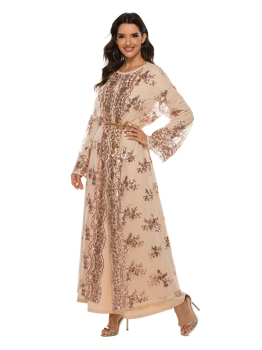 New Arrival Casual Stunning Sequin Evening Muslim Clothing Abaya Kaftan Dress Maxi Long Dress Woman