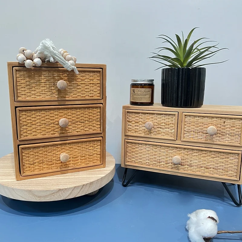 Rattan Desktop Storage Organizer Wooden Desktop Organizer with Drawers