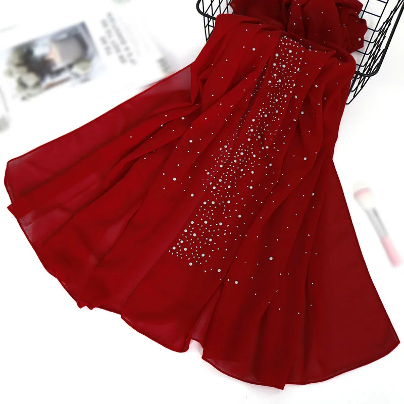 Wholesale Malaysia Stylish Rhinestone Hijab Chiffon Scarf Shawl Porcelain Diamond Headscarf for Women