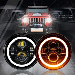 1 Pair Halo Headlight Angel Eye Ring DRL Light High Low Beam 7 inch Round LED Headlights for Jeep Wrangler JK LJ CJ Hummer H1 H2