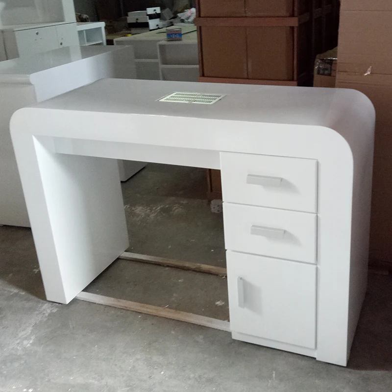 French Style Luxury Modern Beauty Salon Nail Bar Furniture High Gross White Manicure Table With Dust Extractor