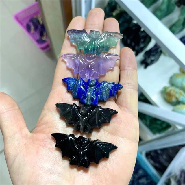 Spiritual Products 5cm Witchcraft Supplies Natur Black Obsidian Lapis Lazuli Carving Crystal Bats for Halloween