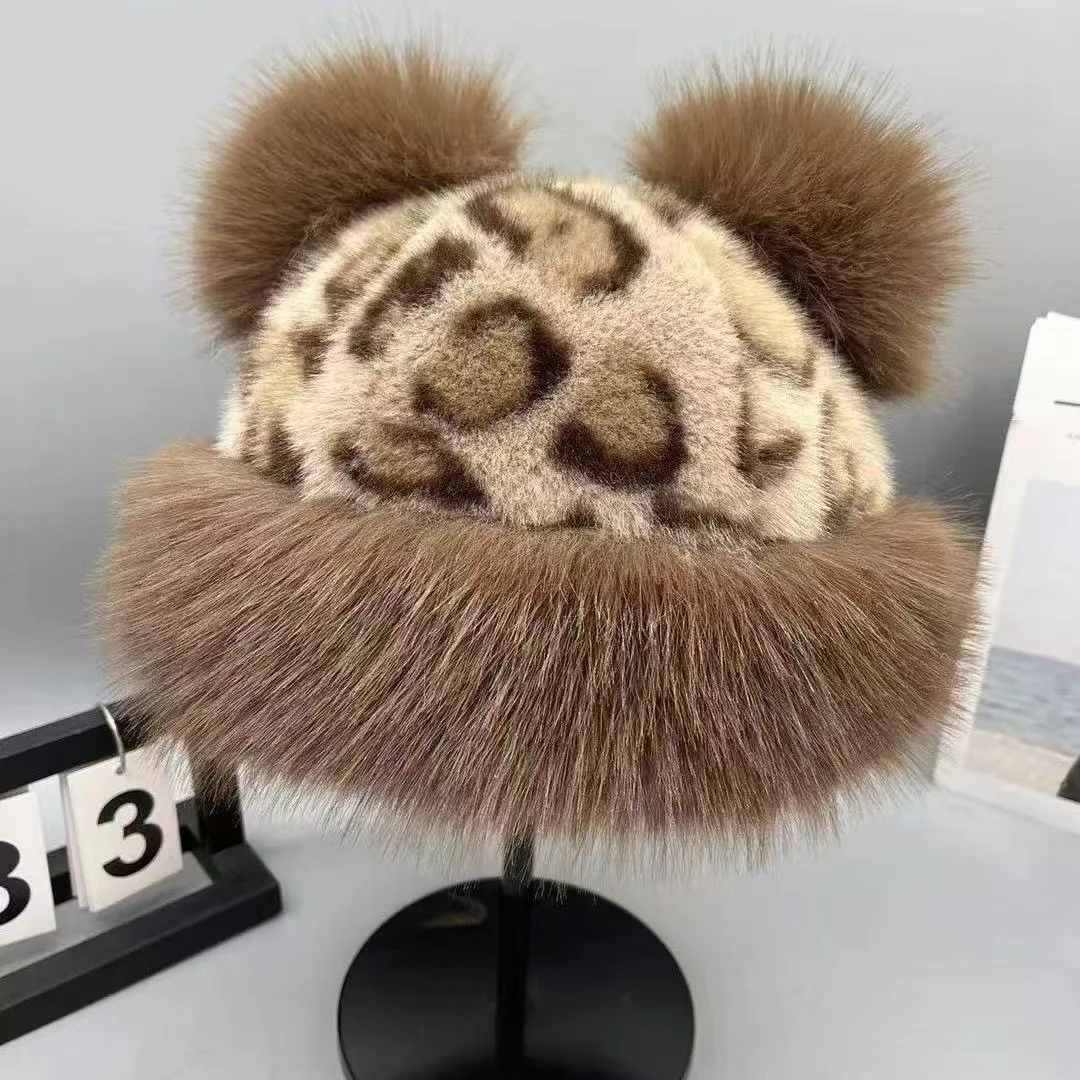 fashion designer fuzzy bucket hats high quality custom leopard print fur bucket hat animal russian fur winter hats for women
