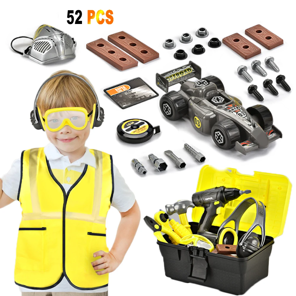 52PCS Toddler tool box with electric drill for boy household play set with working overalls high quality education tool set