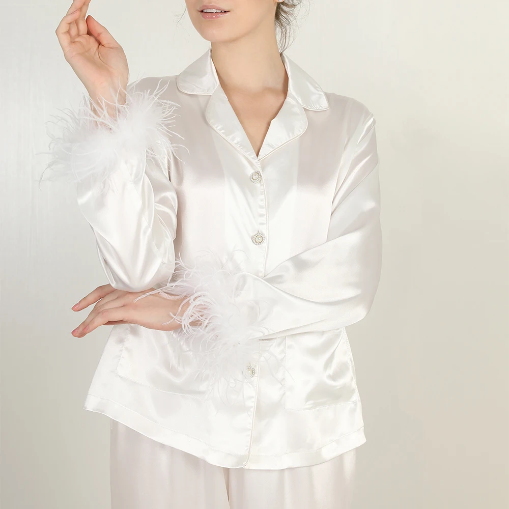Custom Wholesale Silk Sleep Wear Sexy Satin Two Piece Bridesmaid Feather Pajamas For Women Set