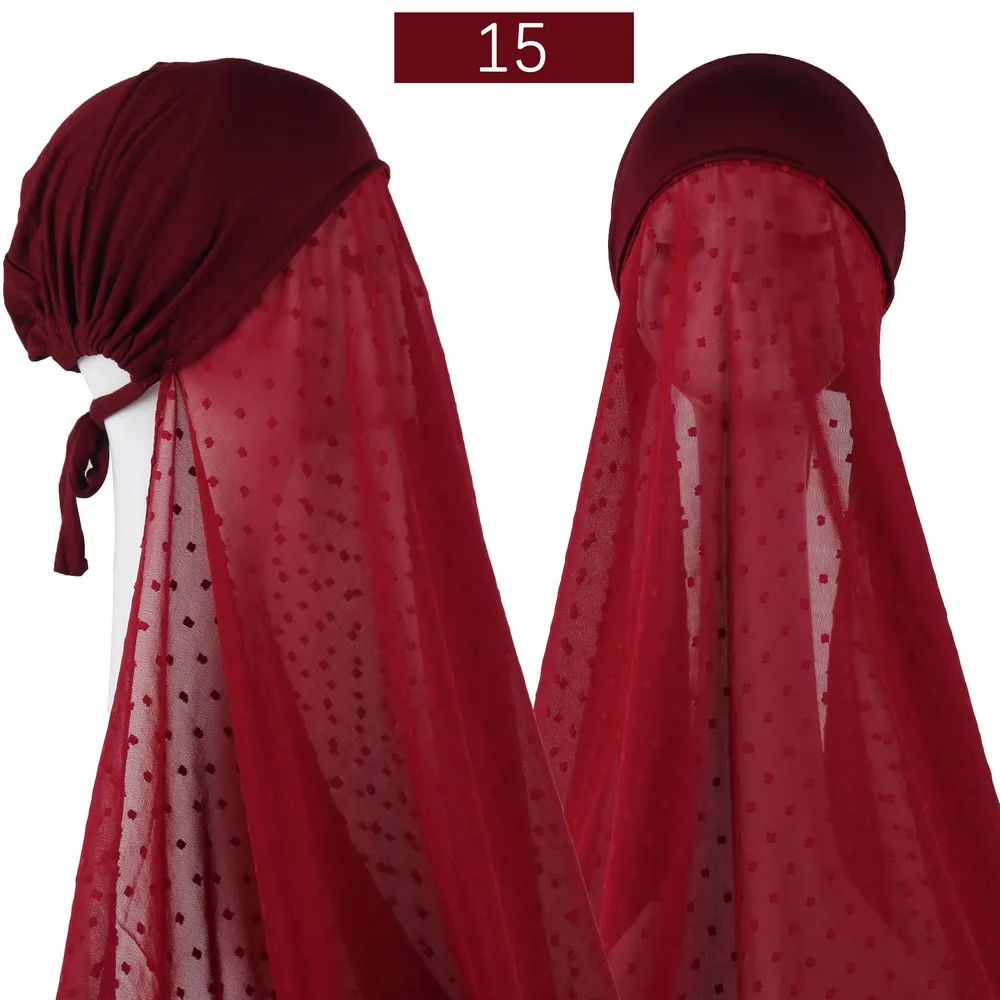Muslim Women Pom Pom Chiffon Instant Hijab Scarf With Cap Pinless HIjabs Scarves Shawl with Under Caps Bonnet Headscarf