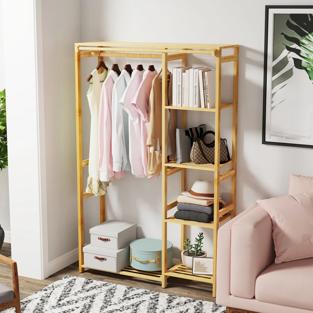 Bamboo Clothes Rack Organizer: Clothing Hanging Stand Wardrobe Closet  6 Tier Storage Shelves for Living Room Bedroom Entryway