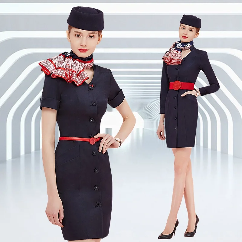 Custom Fabric Single Breasted Blazer Airline Work Uniforms Elegant Flight Attendant Stewardess Uniform Long Dress Overall Coat
