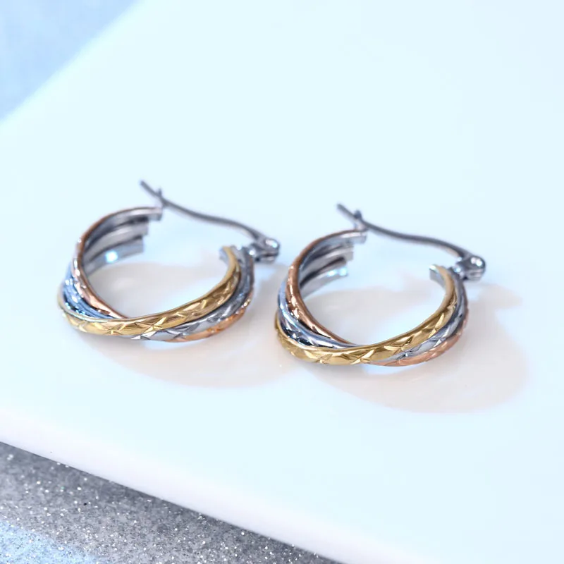 NUORO Minimalist 18K Rose Gold Silver Plated Stainless Steel Hoop Earrings Jewelry Triple Colors Joint Rings Ear Buckle Earrings