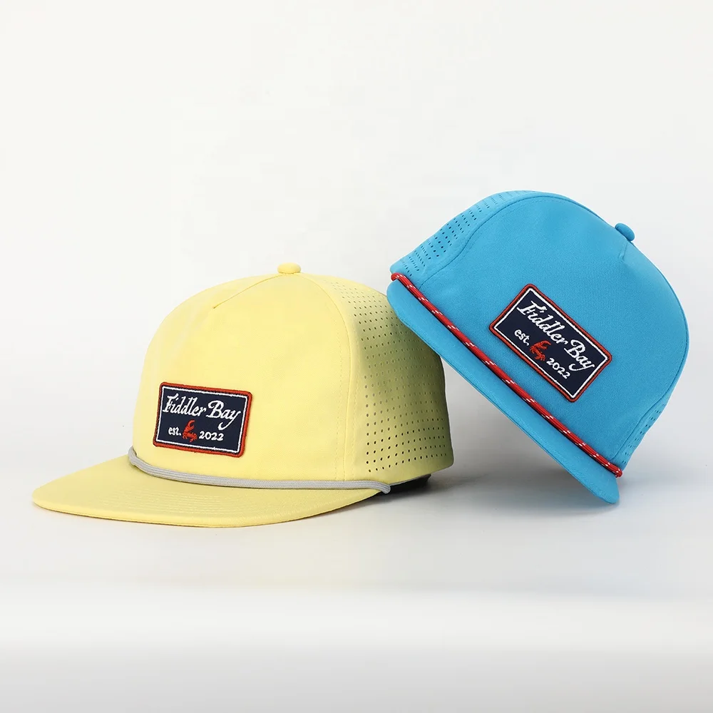 Wholesale Custom Patch Logo 5 Panel Polyester Rope Snapback Cap,Flat Brim Unstructured Gorras,Laser Cut Hole Perforated Hat