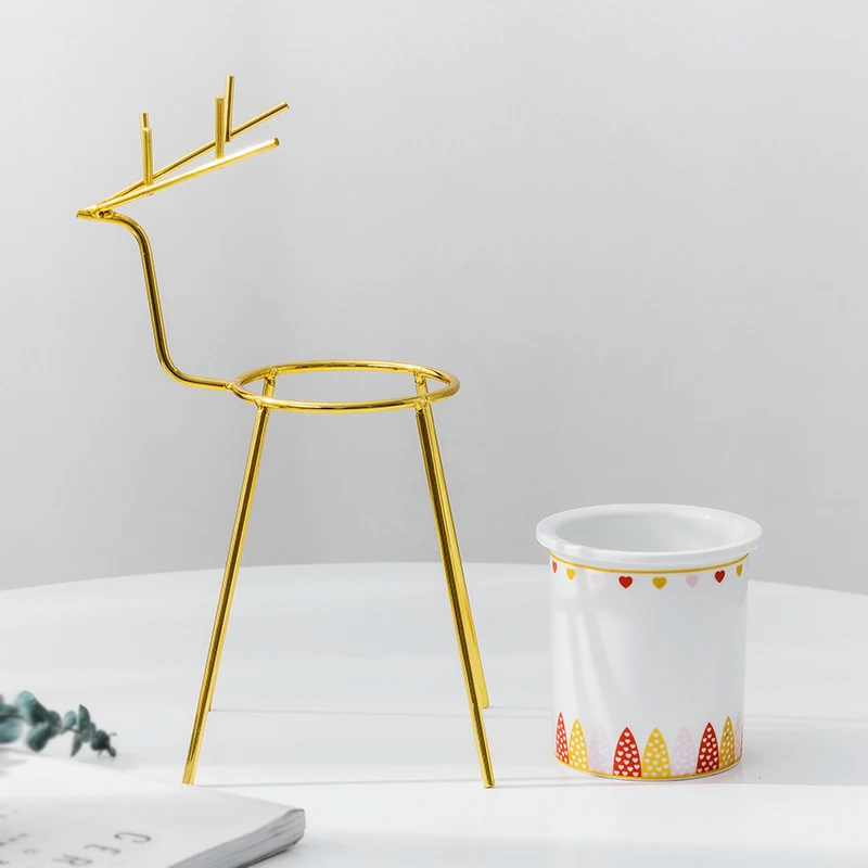 Wholesale  Indoor Ceramic Succulent pots planter with Golden Metal Deer Stand, Ceramic Cactus Planter Pot