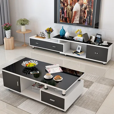 Modern minimalist Nordic coffee table TV cabinet combination small apartment living room home creative telescopic tempered glass